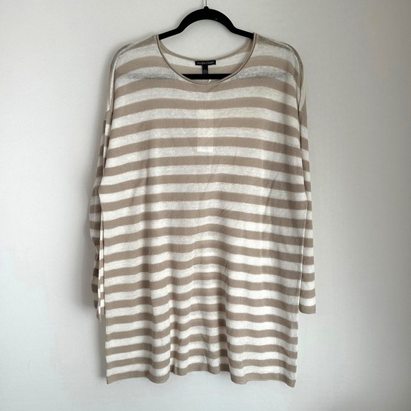 NWT Eileen Fisher Organic Linen‎ Cotton Striped Knit Crew Neck Tunic Top XL - Picture 1 of 10
